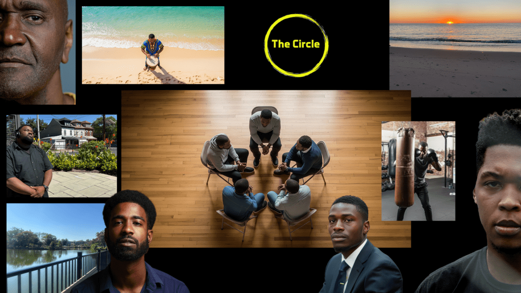 A collage features diverse Black men in various settings: a beach, a circle discussion, and a sunset. The tone is introspective and empowering.